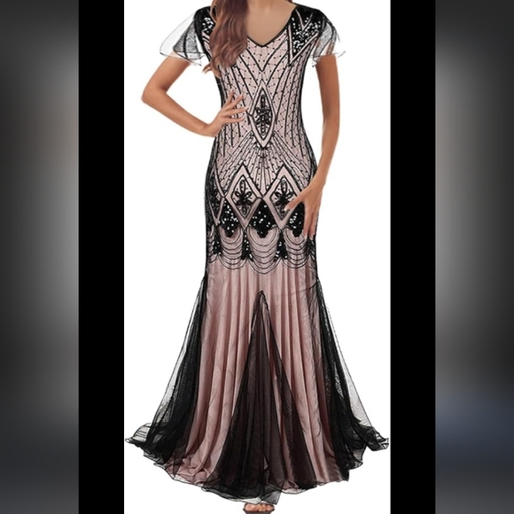 NWOT PINK AND BLACK 1920S CAP SLEEVE SEQUIN EVENING DRESS Medium - Picture 6 of 13